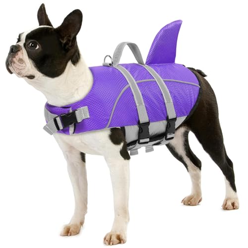 AOFITEE Hundeschwimmweste Ripstop Hundeschwimmweste, Reflektierende Hundesicherheitsweste für Bootfahren Schwimmen, Hund Shark Schwimmwesten Hund Lifesaver mit Rettungsgriff für kleine mittelgroße Hunde (Large, Lila) von AOFITEE