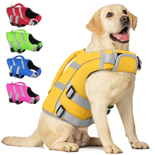 AOFITEE Hundeschwimmweste Ripstop Hundeschwimmweste, Sicherheit Haustier Lebensretter mit reflektierenden Streifen und Rettungsgriff, verstellbare für kleine, mittelgroße große Hunde (Gelb XS) von AOFITEE