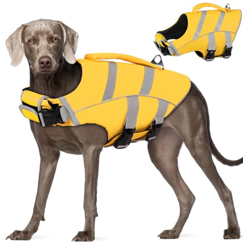 AOFITEE Hundeschwimmweste Ripstop Hundeschwimmweste, Sicherheit Haustier Lebensretter mit reflektierenden Streifen und Rettungsgriff, verstellbare für kleine, mittelgroße große Hunde (gelb L) von AOFITEE