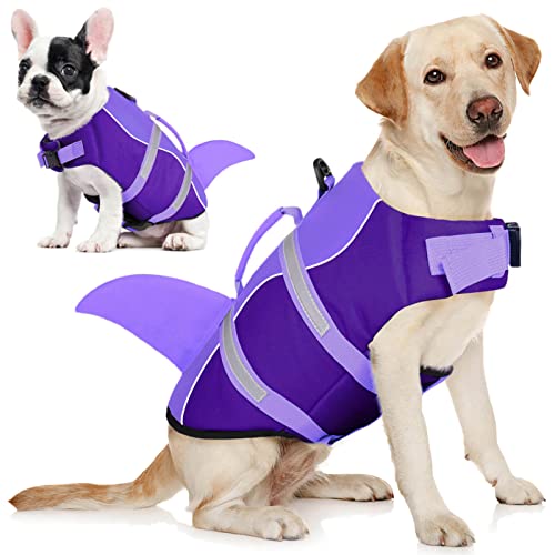 AOFITEE Schwimmweste Hund Große, Hundeschwimmweste Hai für Schwimmen, Hohe Flotation Rettungsweste mit Rettungsgriff und Reflektorstreifen für Kleine, Mittlere, Große Hunde, Lila XL von AOFITEE