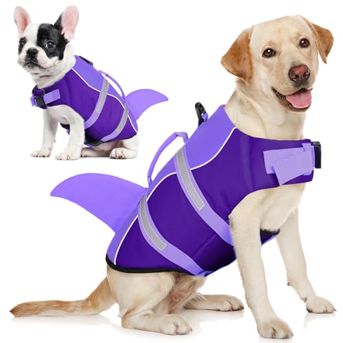AOFITEE Schwimmweste Hund Klein, Hundeschwimmweste Hai für Schwimmen, Hohe Flotation Rettungsweste mit Rettungsgriff und Reflektorstreifen für Kleine, Mittlere, Große Hunde, Lila XS von AOFITEE