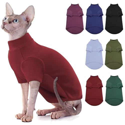 AOFITEE Rollkragenpullover für Katzen, weiches Sphynx-Katzenhemd, haarlose Katzenpullover mit Ärmeln, warmer Kätzchenpullover, Fleece, Winter-Pyjama, Overall für Welpen, Katze, Burgunderrot, M von AOFITEE
