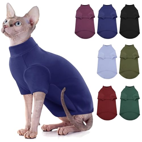 AOFITEE Rollkragenpullover für Katzen, weiches Sphynx-Katzenhemd, haarloser Katzenpullover mit Ärmeln, warmer Kätzchenpullover, Fleece, Winter-Pyjama, Overall für Welpen, Katze, Marineblau, L von AOFITEE