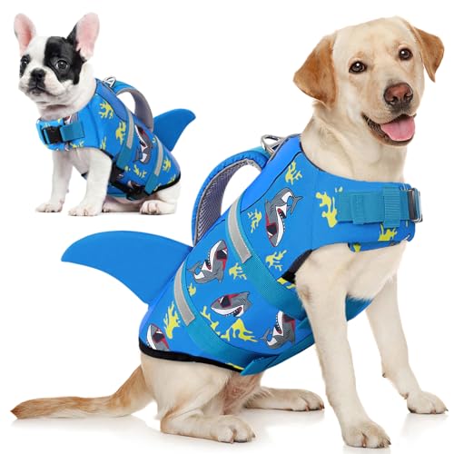 AOFITEE Schwimmweste Hund Große, Hundeschwimmweste Hai für Schwimmen, Hohe Flotation Rettungsweste mit Rettungsgriff und Reflektorstreifen für Kleine, Mittlere, Große Hunde, Shark M von AOFITEE