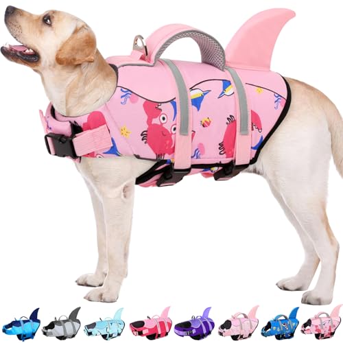 AOFITEE Schwimmweste Hund Große, Hundeschwimmweste Hai für Schwimmen, Hohe Flotation Rettungsweste mit Rettungsgriff und Reflektorstreifen für Kleine, Mittlere, Große Hunde, PinkCrab XL von AOFITEE