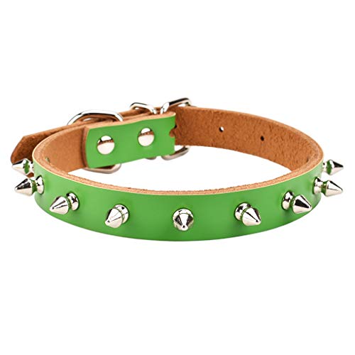 AOLOVE schlichtes, klassisches Halsband für Katzen, Welpen, Hunde, verstellbar, aus echtem Rindsleder, Large / Neck 11.8"-15.3", Green-Spiked Rivet von AOLOVE