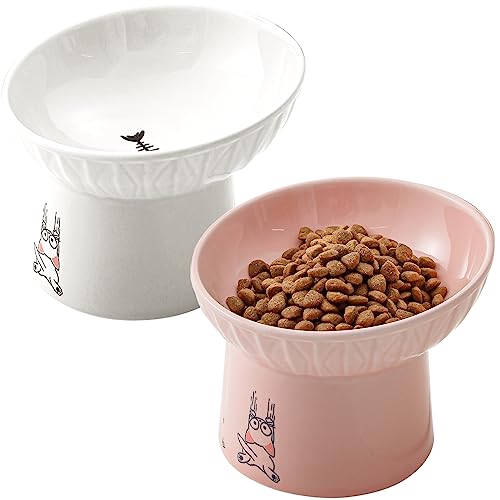 16.5 cm extra breite erhöhte Keramik-Katzennäpfe, geneigtes erhöhtes Futter- und Wassernapf-Set für ältere große Katzen und kleine Hunde, Porzellan-erhöhter Futternapf, weiß und rosa, 2 Stück von AOMRYOM