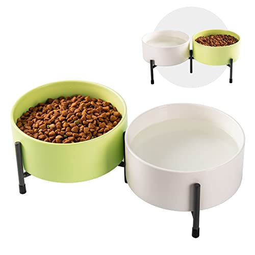 AOMRYOM 900 ml Keramiknapf für Hunde und Katzen mit erhöhtem Metallständer, 15,2 cm Keramik-Haustiernapf für Futter und Wasser, Haustier-Futternäpfe für Katzen und Hunde – 2er-Set (Weiß & Hellgrün) von AOMRYOM
