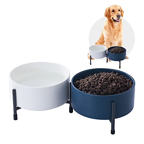 AOMRYOM 900 ml Keramiknapf für Hunde und Katzen mit erhöhtem Metallständer, 15,2 cm Keramik-Haustiernapf für Futter und Wasser, Haustier-Futternäpfe für Katzen und Hunde – 2er-Set (Weiß & Blau) von AOMRYOM