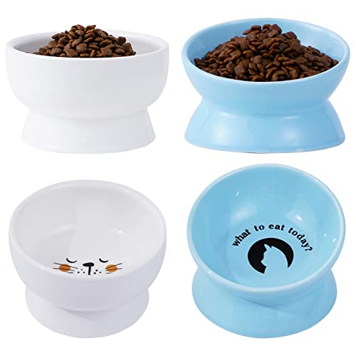 AOMRYOM Erhöhter Katzennapf Set, gekippte Keramik Futternäpfe für Kätzchen und kleine Hunde, Porzellan Erhöhte Haustierschale, Stressfrei, Blau & Weiß, 4 Stück von AOMRYOM