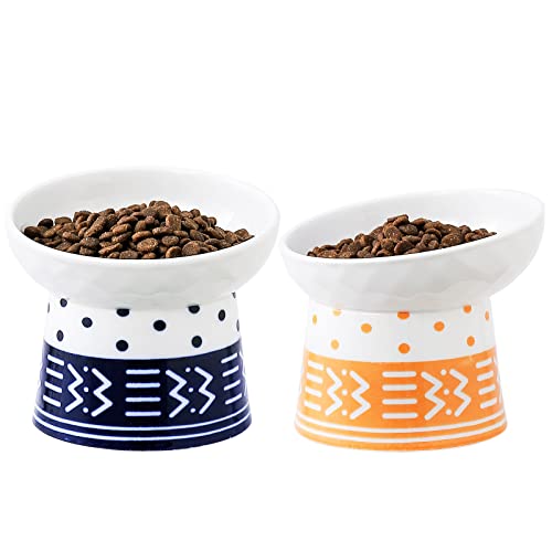 AOMRYOM Erhöhtes Katzennapf-Set, geneigte Keramik-Futternäpfe für Katzen und kleine Hunde, Porzellan-Erhöhter Haustier-Futternapf, stressfrei, Blau & Orange, 2 Stück von AOMRYOM