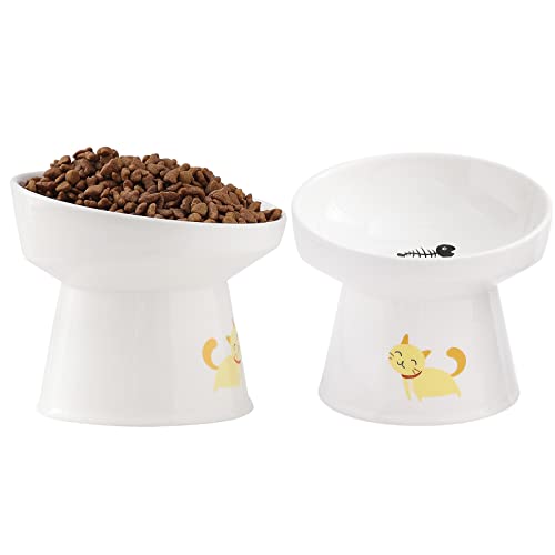 AOMRYOM Erhöhtes gekipptes Katzennapf Set, Keramik Futternäpfe für Katzen und kleine Hunde, Porzellan erhöhter Haustierschale, stressfrei, weiß, 2er Set von AOMRYOM