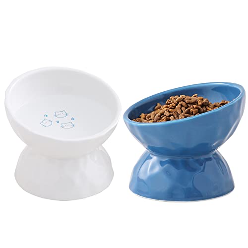 Keramik-Futter- und Wassernapf für Katzen, geneigt, erhöhte Stressfrei, Futternapf für Katzen und kleine Hunde, schützt die Wirbelsäule der Katze, Weiß & Blau 2 Stück von AOMRYOM