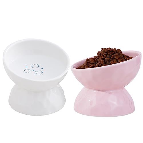 Keramik-Napf-Set, geneigt, erhöht, stressfrei, für Katzen und kleine Hunde, schützt die Wirbelsäule der Katze, weiß und rosa, 2 Stück von AOMRYOM
