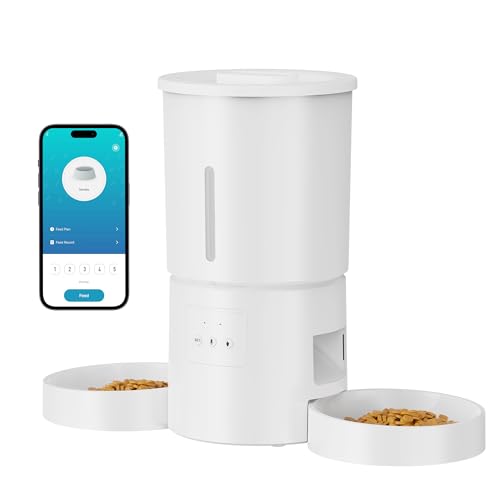 Futterautomat Katze 2 Näpfe mit APP: 5L Automatischer Futterspender mit 2.4G WiFi Timer für Trockenfutter - AONBOY Doppelnapf Design für Mehrkatzenhaushalte & Hunde - Weiß von AONBOY