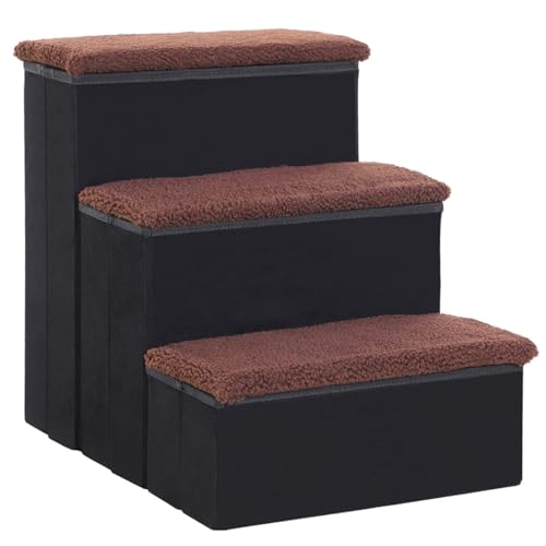 AONETIGER Haustiertreppe Faltbare Katzentreppe Hundetreppe mit 3 Stufen Stauraum für Katzen und Hunde MDF Schwarz 40x54x48cm von AONETIGER