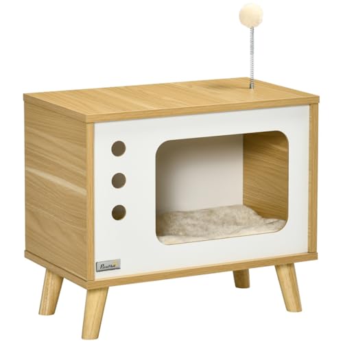 AONETIGER Katzenhaus im TV-Design Spielball & Kissen inklusive, Katzenkorb, Eiche/Beige/Weiß, 50x28x43cm AONETIGER Katzenhaus im TV-Design Spielball & Kissen inklusive, Katzenkorb, Eiche/Beige/Weiß, 50x28x43cm von AONETIGER