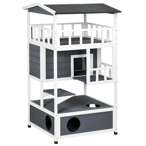 AONETIGER Katzenhaus mit Toilette, 4-stöckig, Katzenhütte mit Balkon, Katzenvilla mit Treppe, Asphaltdach, Massivholz, Grau, 78 x 76 x 140 cm von AONETIGER