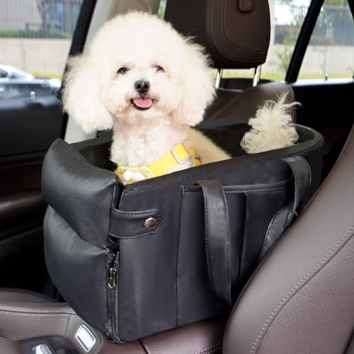 Hundeautositz für kleine Hunde, großes Leder-Hunde-Autobett mit Aufbewahrungstasche, wasserdichtes PU-Leder, Sitzerhöhung, Reisebett für Vorder- und Rücksitz, Clip-On-Sicherheitsleine (Schwarz) von AOOTOOLINK