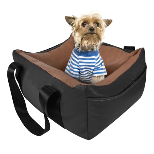 Hundeautositz für kleine Hunde, großes Leder-Hunde-Autobett mit Aufbewahrungstasche, wasserdichtes PU-Leder, Sitzerhöhung, Reisebett für Vorder- und Rücksitz, Clip-On-Sicherheitsleine (Schwarz/Braun) Hundeautositz für kleine Hunde, großes Leder-Hunde-Autobett mit Aufbewahrungstasche, wasserdichtes PU-Leder, Sitzerhöhung, Reisebett für Vorder- und Rücksitz, Clip-On-Sicherheitsleine (Schwarz/Braun) von AOOTOOLINK