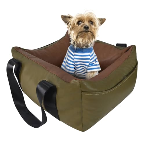 Hundeautositz für kleine Hunde, großes Leder-Hunde-Autobett mit Aufbewahrungstasche, wasserdichtes PU-Leder-Boostersitz-Reisebett für Vorder- und Rücksitz, Clip-On-Sicherheitsleine (Grün/Braun) von AOOTOOLINK