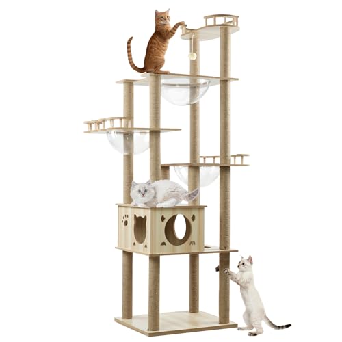 AORTD Hoher Katzenbaum, 198 cm, Katzenturm für Indoor-Katzen, mehrstufiger Holz-Katzenturm mit 12 Kratzstämmen, einer großen Höhle, 3 Acryl-Raumkapsel und Spielzeug für kleine und große Katzen AORTD Hoher Katzenbaum, 198 cm, Katzenturm für Indoor-Katzen, mehrstufiger Holz-Katzenturm mit 12 Kratzstämmen, einer großen Höhle, 3 Acryl-Raumkapsel und Spielzeug für kleine und große Katzen von AORTD