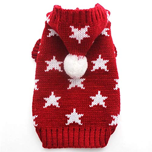 AOSUAI Pullover für Hunde und Katzen, gestrickt, mit Kapuze, Stern-Design, warme Kleidung für Hunde und Katzen, bequem, Farbe: Rot, Größe: M von AOSUAI
