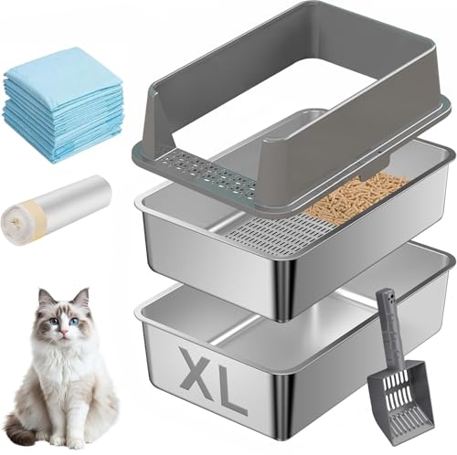 AOTECC Geschlossene Edelstahl-Katzentoilette mit Deckel, XL, extra große Siebtoilette für Kiefernpellets, Metallstreuwanne, hohe Seite für Geruchskontrolle, Auslaufschutz, einfache Reinigung von AOTECC