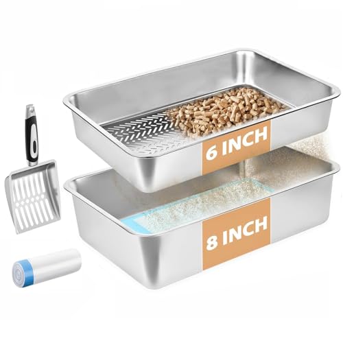 AOTECC XXL 20,3 cm tiefe Katzentoilette aus Edelstahl, Siebtoilette für Kiefernpellets, Metall-Katzentoilette mit Metallschaufel und Katzentoiletten, Anti-Auslaufen, Geruchskontrolle, einfache von AOTECC