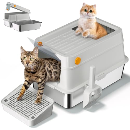 AOTRUTII XL Katzentoilette aus Edelstahl mit Deckel, extra große Metall-Katzentoilette für große Katzen, hochseitiges Gehäuse, auslaufsicher, antihaftbeschichtet, leicht zu reinigen mit AOTRUTII XL Katzentoilette aus Edelstahl mit Deckel, extra große Metall-Katzentoilette für große Katzen, hochseitiges Gehäuse, auslaufsicher, antihaftbeschichtet, leicht zu reinigen mit von AOTRUTII