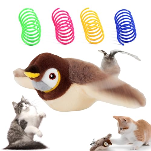 AOUZOVLI Katzenspielzeug Vogel Fliegt Elektrisch Vogelspielzeug für Katzen Flappy Bird Cat Toy mit Katzenminze Simulation Spatzenform mit 4 Bunten Federstäben Interaktives Spielzeug von AOUZOVLI