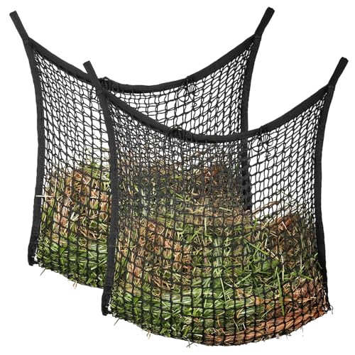 APACALI 2 Stück Heunetz Heusack für Pferde, 80 x 90cm Heutasche groß, Pferdeheunetz mit 4 Karabinerhaken, Heunetztasche Füllmenge 10kg, Schwarz von APACALI