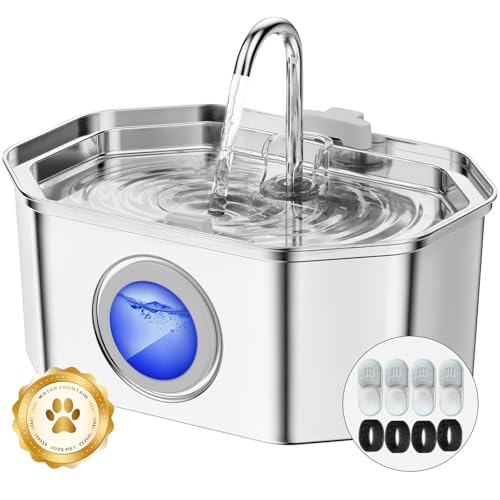 Apauk 3.2L Katzenbrunnen, Trinkbrunnen für Katze, Trinkbrunnen Edelstahl, Ultraleiser Katzen trinkbrunnen,mit LED-Fenster,BPA-Frei Mehrschichtiges Filtersystem(mit 4 Filter & 4 Schwämme) von APAUK