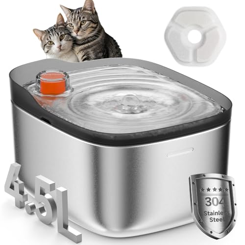 Katzenbrunnen Edelstahl, 4,5 L Trinkbrunnen für Katze, Wasserspender für Katze & Hunde mit Innovativer Wasserstandsanzeiger, Ultra-Leiser Pumpe mit fließendes Wasser, Spülmaschinenfest-FS0010BK von APD APETDOLA