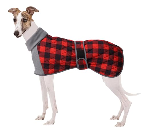 Warmer, gesteppter Thermo-Hundemantel, wasserdicht, warme Mäntel und Jacken für Hunde mit Geschirrloch, rotes Karomuster und graues Fleece-Innendorf, Hundekleidung für kleine, mittelgroße und große von APITOS