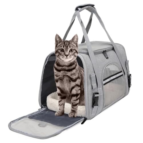 APKOL Transporttasche Katze,5 kg Faltbare Transportbox Katze mit Schulterriemen,Katzentransportbox Hunde Katzen Transportboxen,katzentransporttasche,Katzen Tragetasche für Katzen, kleine Hunde Grau,M von APKOL