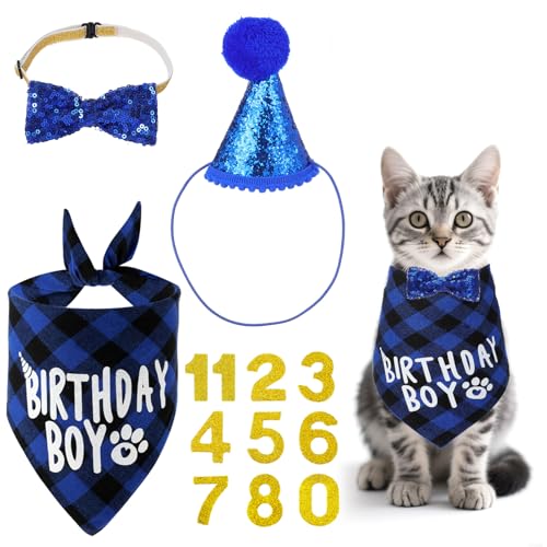 Katzengeburtstagsparty-Zubehör, Katzengeburtstagshut mit Zahl, Bandana, Fliege, Katzenbekleidung, Outfits für Geburtstagsdekorationen (blau) von APLZGMG