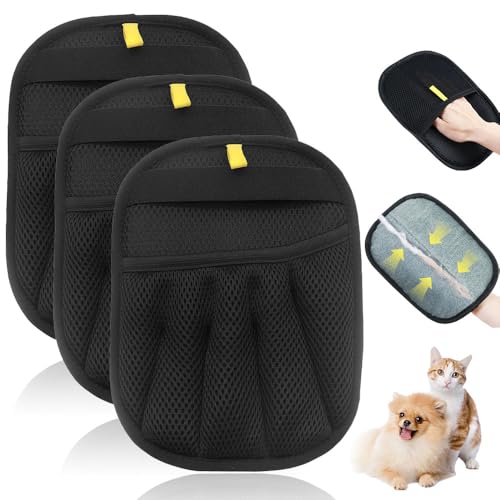 APODESS Fellmagnet Handschuh,2025 Neu Pet Hair Remover Gloves Fellmagnet Handschuhe Doppelseitig Wiederverwendbare Tierhaarentferner Handschuhe für Kleidung,Sofa,Teppich (03Schwarz,3Pcs) von APODESS