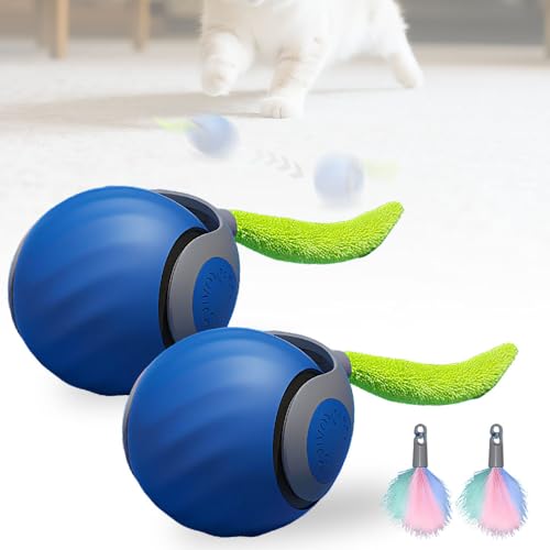 APODESS Interaktives Katzenspielzeug, 2025 Neu Katzenspielzeug Selbstbeschäftigung Katzenbälle Automatischer Roll Ball mit Tail Interaktives Katzenspielzeug für Katzen Indoor (Blau,2 Stück) von APODESS