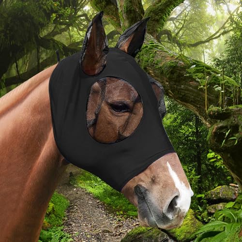 APOMOONS Fliegenmaske Pferd UV Schutz, Super Comfort Stretchy Pferdefliegenmaske mit Ohrenschutz, Fliegenhaube Pferde Fliegenmaske Horse Fly Mask, Fliegenmaske Shetty Large Eye Space (Schwarz) von APOMOONS