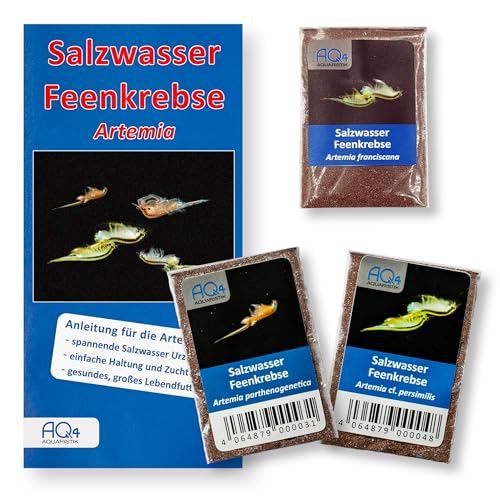 AQ4Aquaristik Salzwasser-Feenkrebse - 3 Arten im Set - je etwa 1.000.000/ ca. 2ml Urzeitkrebs-Eier - Artemia franciscana, A. parthenogenetica und A. cf. persimilis - mit Anleitung von AQ4Aquaristik