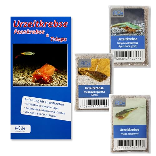AQ4Aquaristik Triops RARITÄTEN 3er-Set - Triops australiensis (grün), T. longicaudatus (Südkorea) und T. newberryi - (DREI Zuchtansätze, mit Urzeitkrebs-Eiern) mit Anleitung von AQ4Aquaristik