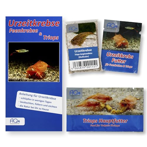 AQ4Aquaristik Triops longicaudatus (Multicolor)- Starter Set Zuchtansatz Urzeitkrebs Eier ca. 100 St.- mit Futter und Anleitung, von AQ4Aquaristik