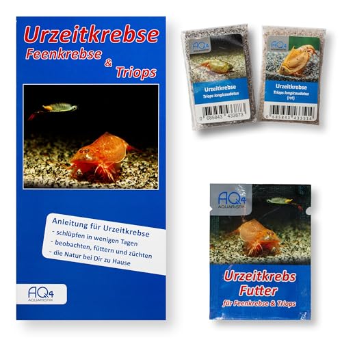 AQ4Aquaristik Triops longicaudatus 2er-Set - naturfarben und rot (2 Zuchtansätze, mit je ca. 100 Urzeitkrebs-Eiern), Starter-Set mit Futter und Anleitung von AQ4Aquaristik