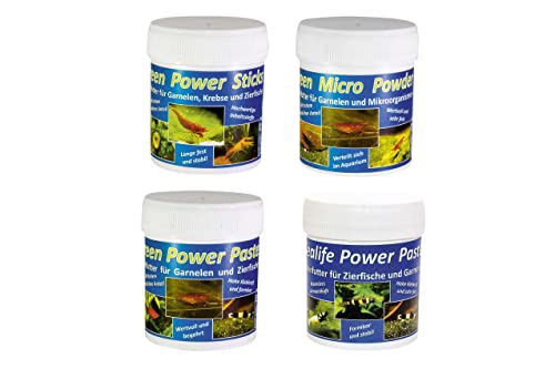 Futterpaket: Futter für Fische, Garnelen und Krebse im Aquarium - Green Micro Powder (40 g), Green Power Paste (70 g), Green Power Sticks (45 g) und Sealife Power Paste (70 g) von AQ4Aquaristik