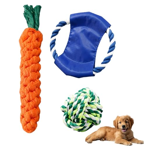 AQCQDQ Rope Toy Puppy,Dog Toy Rope,Puppy Toys for Small Dogs,Puppy Karotte Seil Spielzeug Geflochtene, Kauspielzeug für Welpen für Kleine Mittelgroße Welpen (Flying Disc Three,L) von AQCQDQ