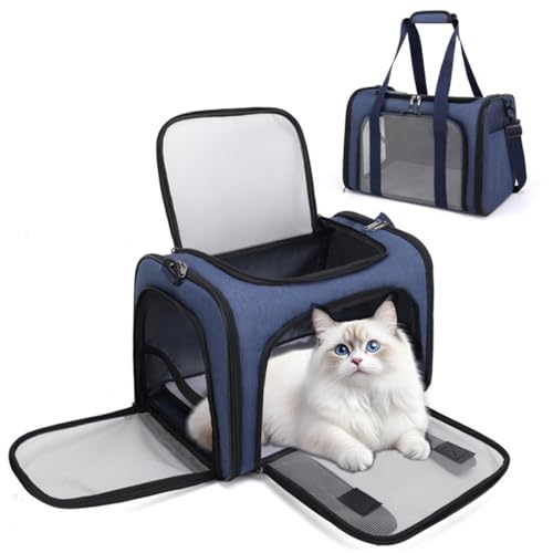 Atmungsaktive Transporttasche Katze, Tragbar Haustier Tragetaschen mit Einstellbar Schultergurt katzenbox für Katzen Kleiner Hund Welpe (Blau) von AQCQDQ