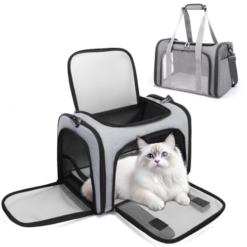 Atmungsaktive Transporttasche Katze, Tragbar Haustier Tragetaschen mit Einstellbar Schultergurt katzenbox für Katzen Kleiner Hund Welpe (Grau) von AQCQDQ