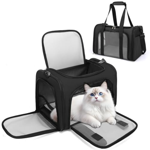 Atmungsaktive Transporttasche Katze, Tragbar Haustier Tragetaschen mit Einstellbar Schultergurt katzenbox für Katzen Kleiner Hund Welpe (Schwarz) von AQCQDQ