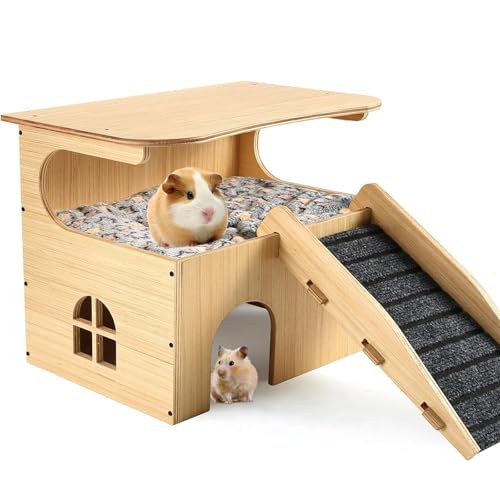 Großes Meerschweinchen Haus, Meerschweinchen Haus mit Rampe, Holz Schloss für Kaninchen Nagetier, Mehrkammer-Spielzeug für Hamster, Kleintiere (1pcs) von AQCQDQ
